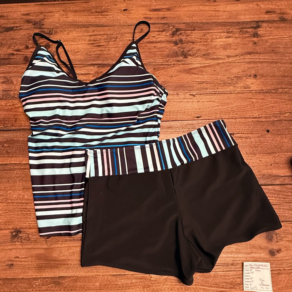 Source Unknown Striped Tankini Top & Black Swim Shorts - Blue, White, Brown